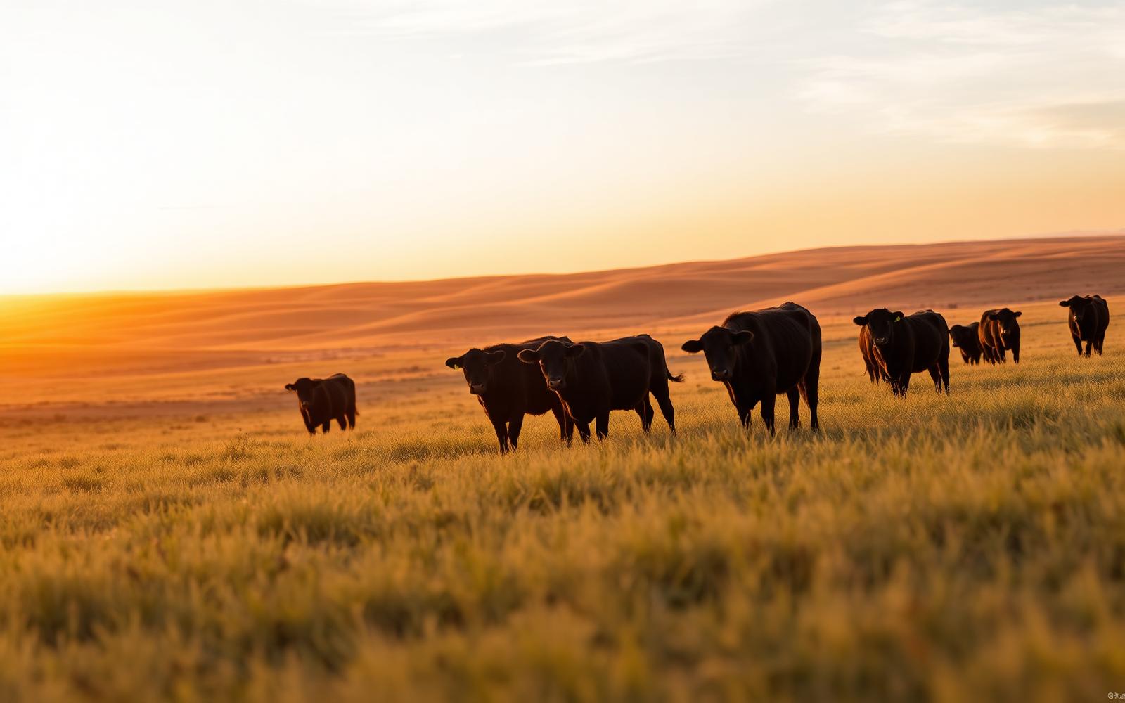 Black Angus cattle grazing at sunset in the Nebraska Sandhills