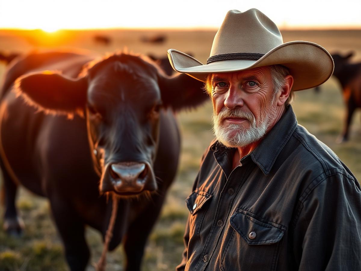 A Nebraska rancher standing with a black angus steer at golden hour